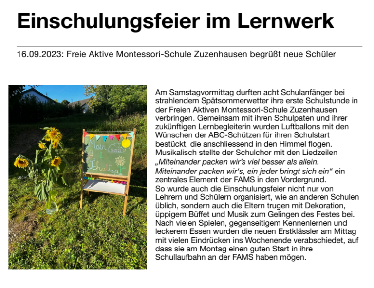 2023-09 Artikel Einschulungsfeier FAMS - 1